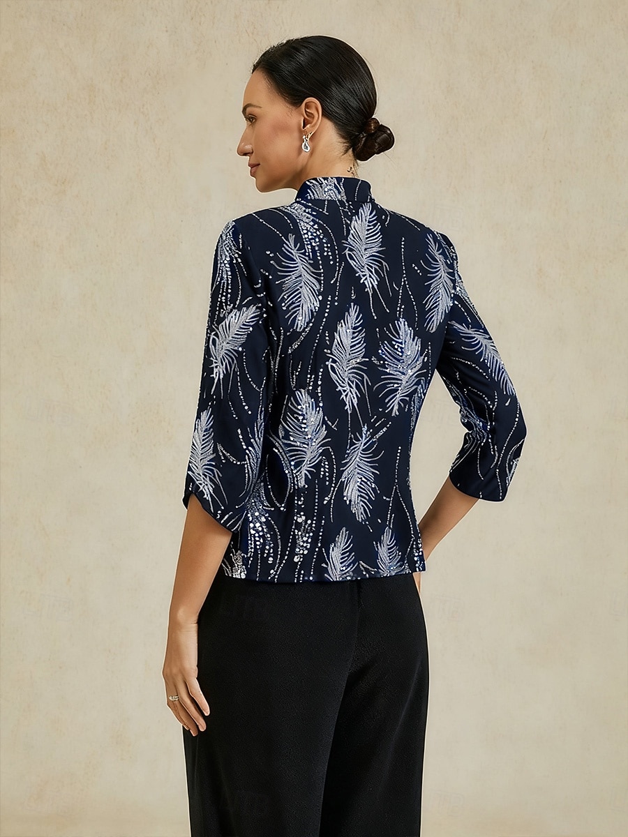 Naisten Pusero Mekkoiset topit Paljetti Kirjailtu Sulka Tyylikäs 3/4 hiha Pystykaulus Tavalliset topit Iltajuhlat Häävieras Laivaston sininen Kevät Syksy Talvi 2026 - $119.99 –P4