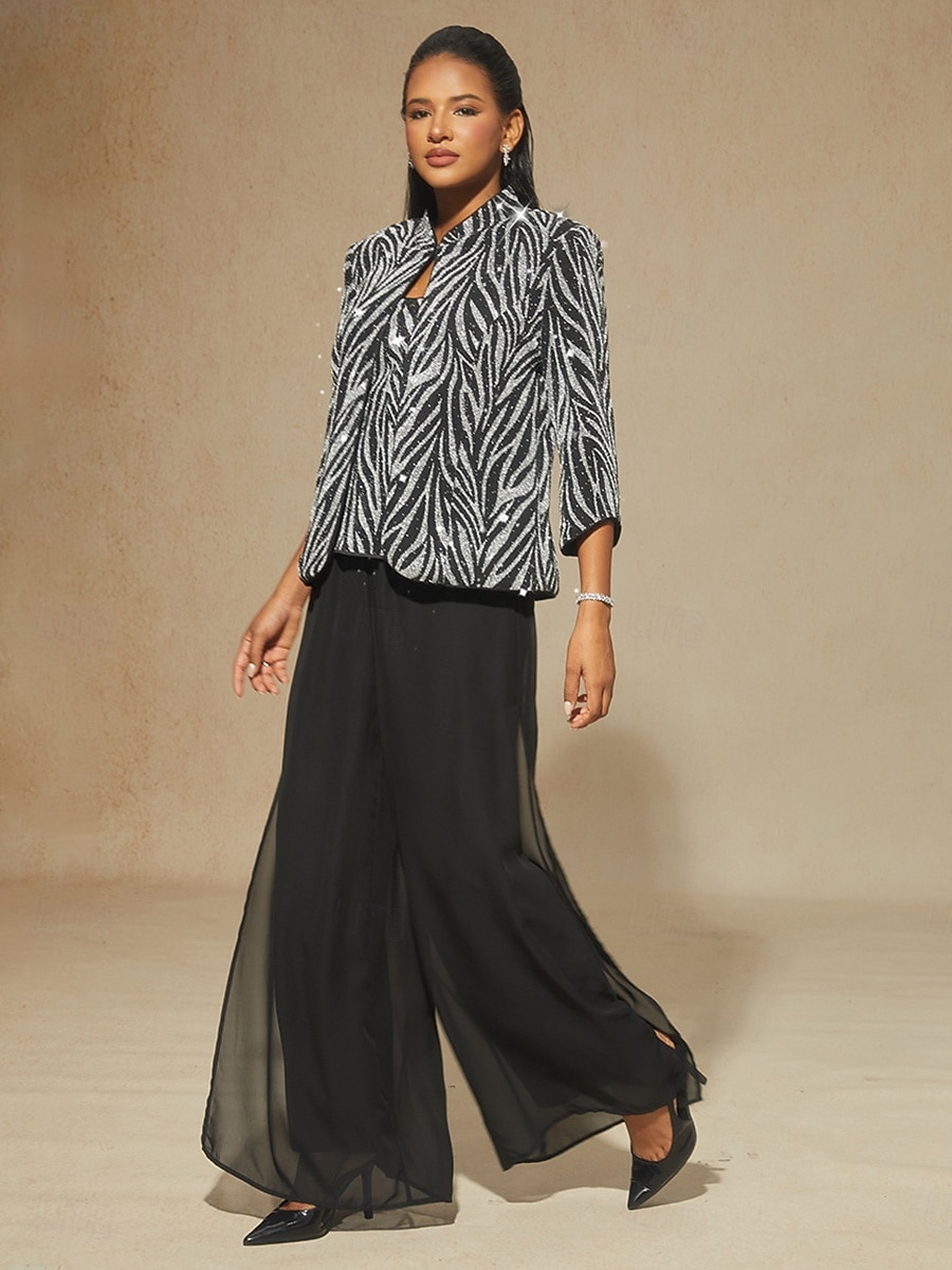 Damen Elegante Oberteile Twinset Pailletten Strass Tiermotiv Leopard Elegant Party Damen Dreiviertelarm Mandarinkragen Normale Oberteile Abendgesellschaft Party-Abendmode Party-Outfits Silber 2026 - $109.99 –P11