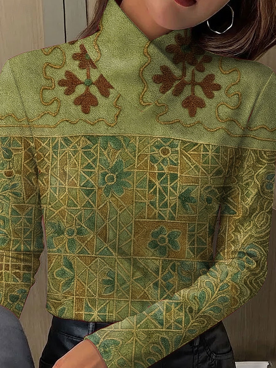 2026年 女性用 Tシャツ プリント グラフィック 幾何学模様 ゼブラ柄 エレガント ヴィンテージ スタイリッシュ 長袖 タートルネック ハイネック レギュラートップス 日常 ブラック グリーン ベージュ 春 秋 冬  コレクション – $25.99 –P2