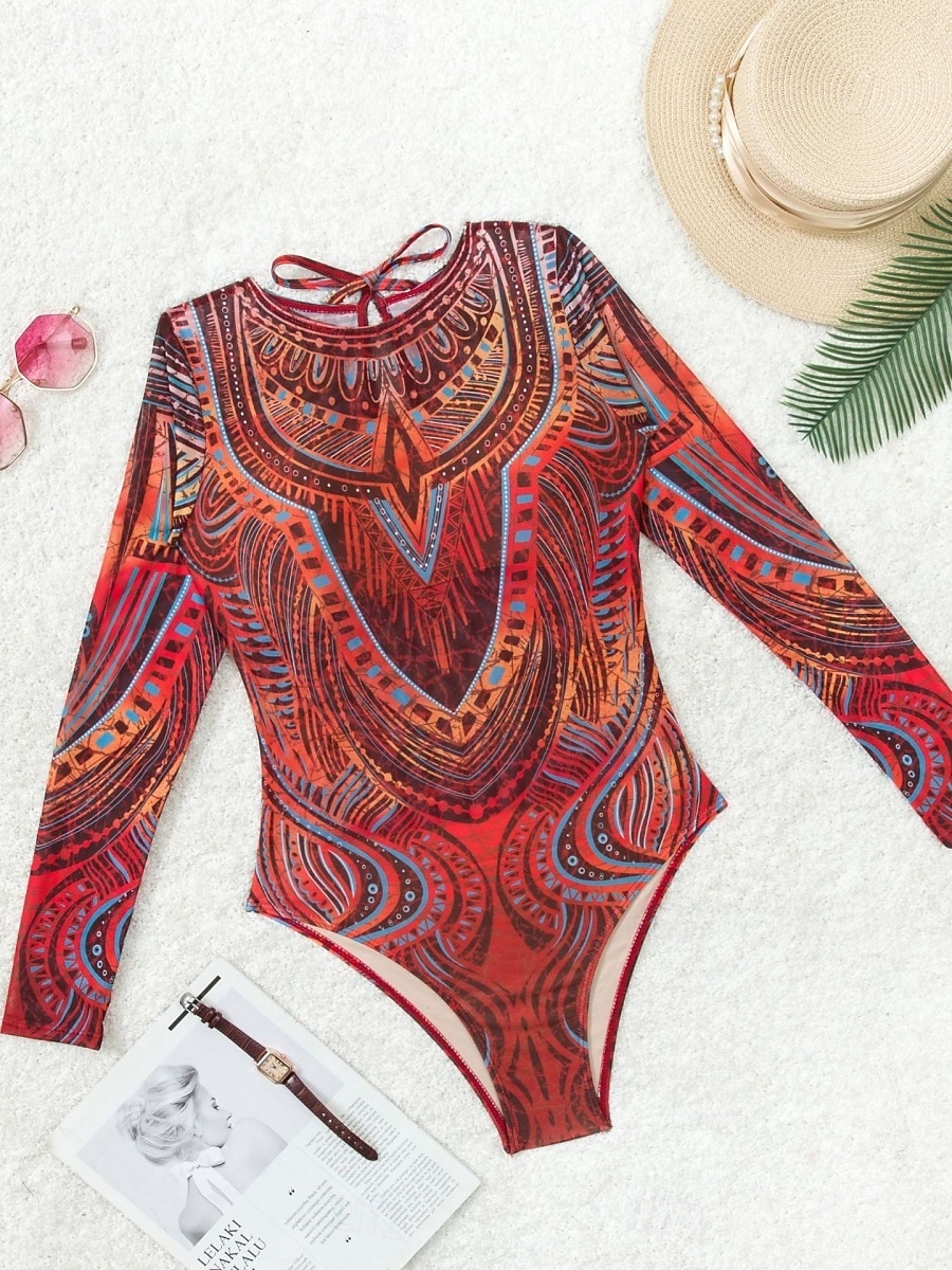 Dámský jednodelný plavkový úbor zeštíhlující sexy výřez Boho monokiny kontrola břicha vysoký pas štíhlé bez zad dovolená módní grafický geometrický kulatý výstřih dlouhý rukáv bez rukávů 2026 - $33.99 –P14