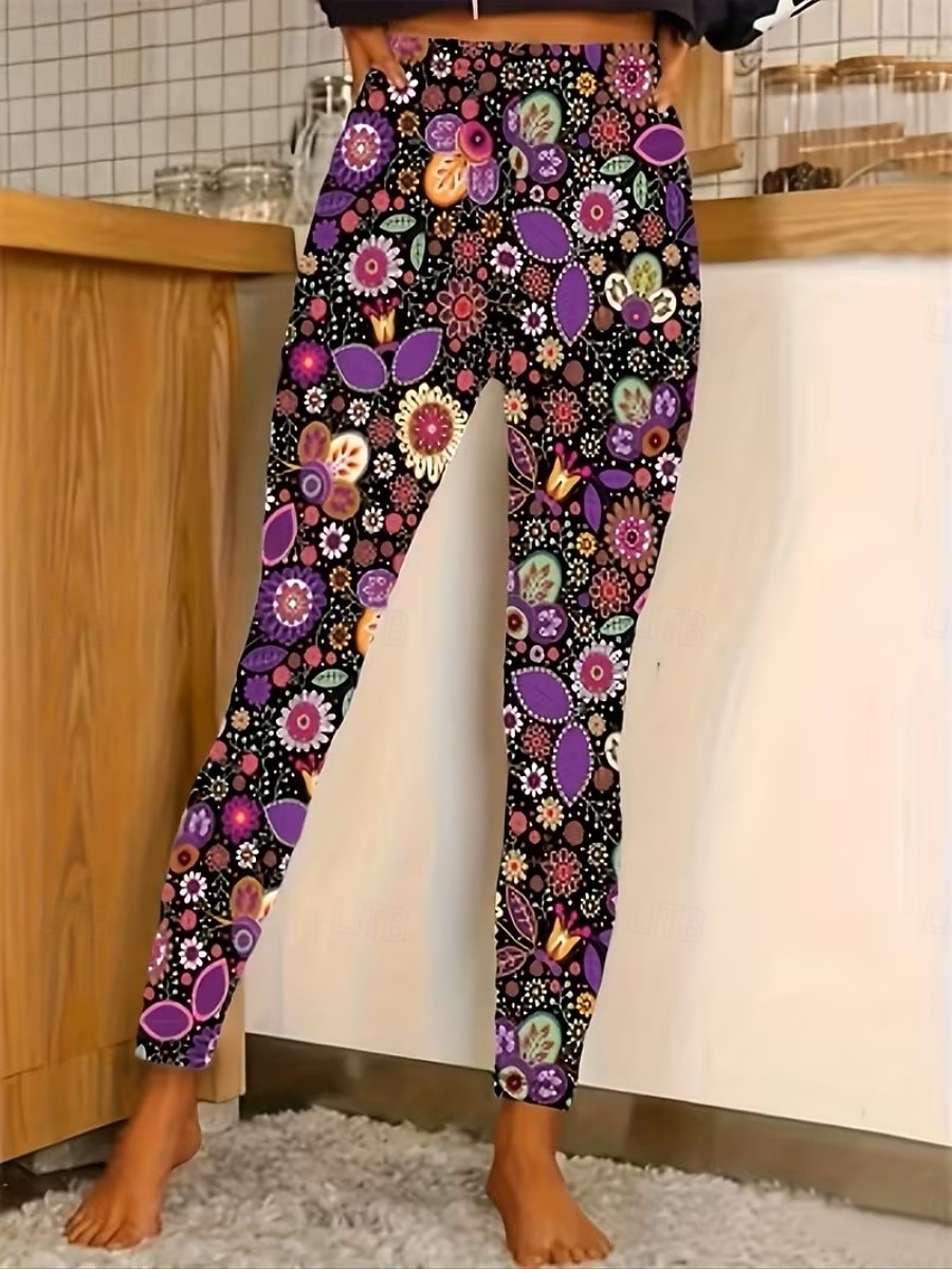 Women's Leggings Cozy Leggings Vacation Casual Full Length High Waist Floral Printing Comfortable Stretchy Casual Daily Vacation Navy Black Yellow Fuchsia Summer Spring Fall Regular Fit 2026 - $19.99 –P6