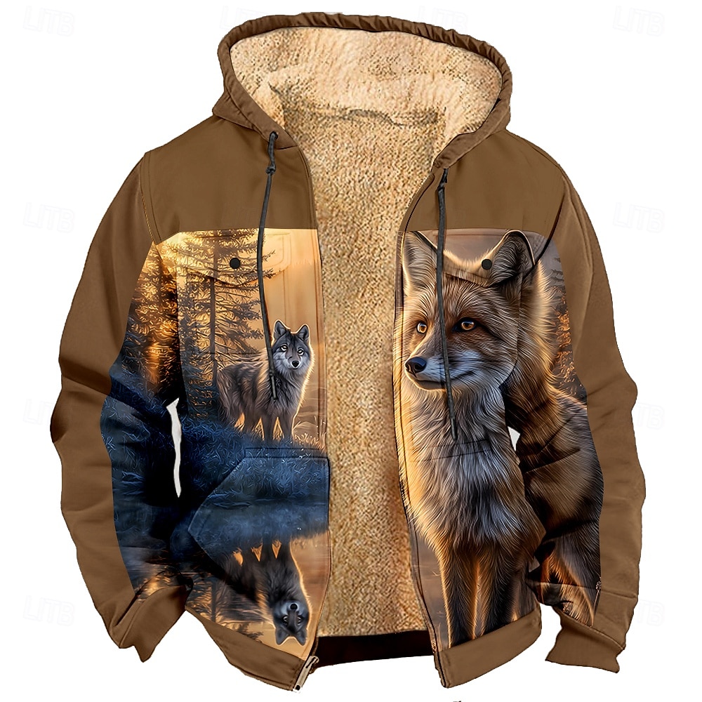 Miesten Kettu Susi Fleece Huppari Takki College Muoti Tyylikäs Päivittäin Vintage retro Hupullinen ulko- Metsästys Musta Ruskea Ruskea 2 Vetoketju Tasku Syksy Talvi Suunnittelija S M L XL XXL XXXL 2026 - $44.99 –P1