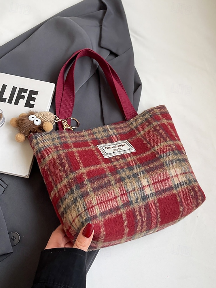 Женские рождественские клетчатые сумки-шопперы – большие и маленькие размеры, полиэстеровая ткань с помпонами, праздничный стиль для предпраздничного шопинга и подарков 2026 - $11.99 –P8