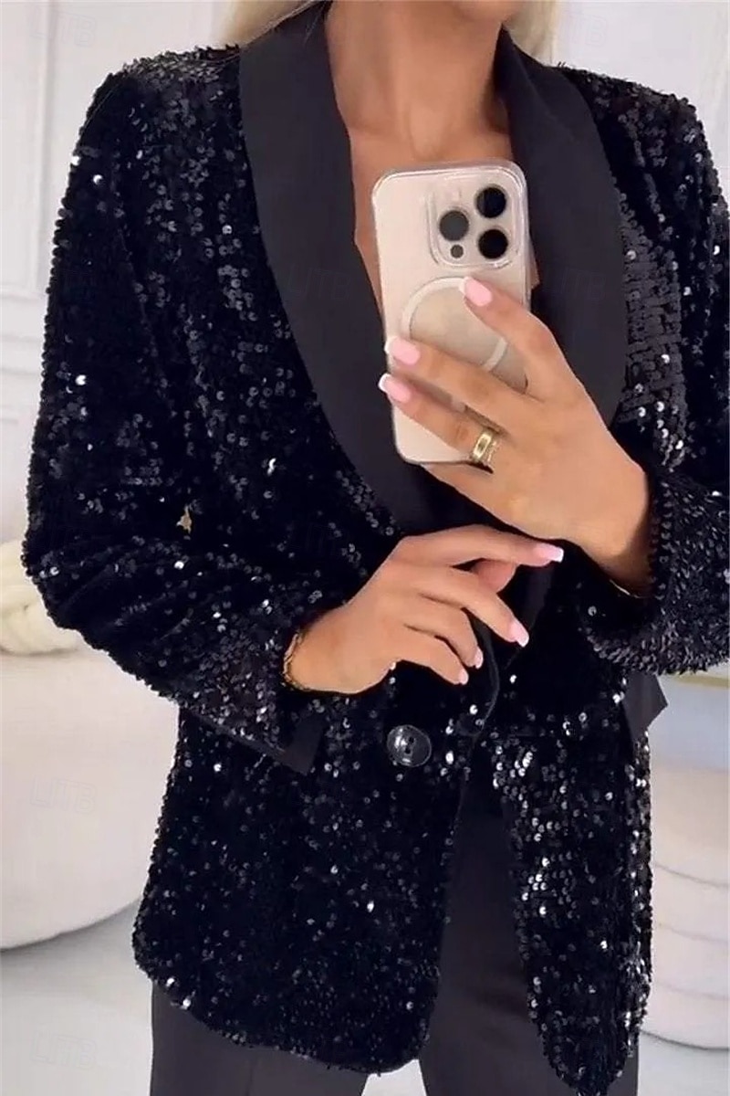 Damen Blazer Freizeitjacke Bequem Pailletten Mode Lässig Einfarbig Party Straße Alltagskleidung Ausgehen Regulär Gekerbtes Revers Normale Passform Langarm Oberbekleidung Blau Schwarz Rote Herbst 2026 - $35.99 –P1