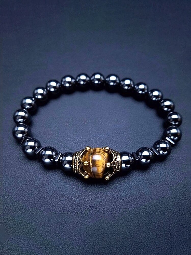 Bracciale da uomo in pietra naturale – design regolabile con perline e dettaglio a corona, disponibile in più colori, perfetto per l'abbigliamento casual e per le occasioni speciali del 2026 a $7.99 –P9