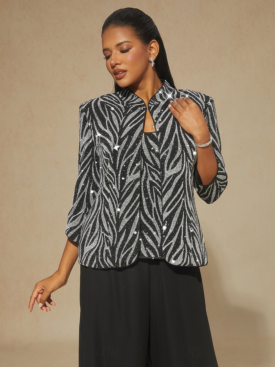 Damen Elegante Oberteile Twinset Pailletten Strass Tiermotiv Leopard Elegant Party Damen Dreiviertelarm Mandarinkragen Normale Oberteile Abendgesellschaft Party-Abendmode Party-Outfits Silber 2026 - $109.99 –P1