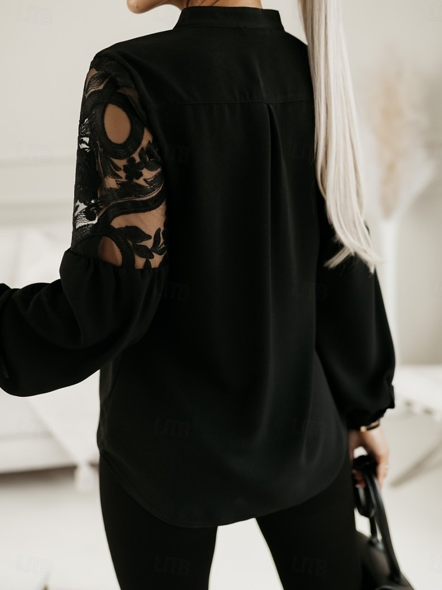 Women's Blouse Pleated Patchwork Solid Color Elegant Stylish Casual Long Sleeve High Neck Regular Tops Daily Black White Summer Spring Fall 2026 - SGD S$36.97 –P7