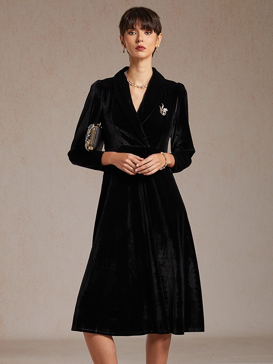 Femmes Robe Midi Robe trapèze Élégant Soirée Coupe régulière Couleur Unie manche longue Col en V Noir Printemps Automne Hiver de 2025 ? $129.99 –P1