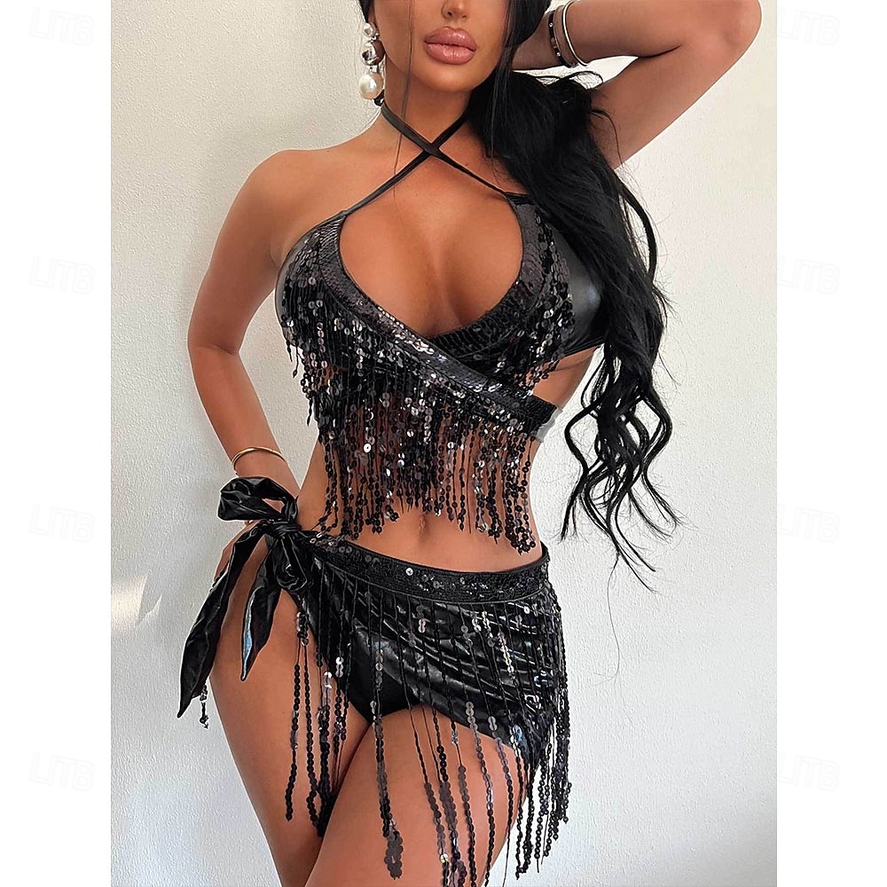 Costumi da ballo Samba Set di top corto a frange argentate e gonna mini plissettata metallizzata per donne - Outfit da festival rave per carnevale Costumi per performance del 2026 a $36.99 –P7
