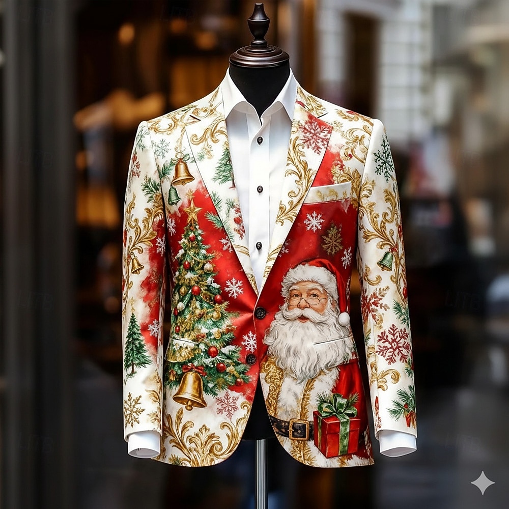 Weihnachten Herren Weihnachtsmann Weihnachtsbaum Blazerjacke Mantel Bequem Künstlerisch Lässig Party-Abendmode Täglich Festival 3D-Druck Knöpfe Herbst Winter Fallendes Revers Langarm Blau Weiß Rote 2026 - $28.99 –P2