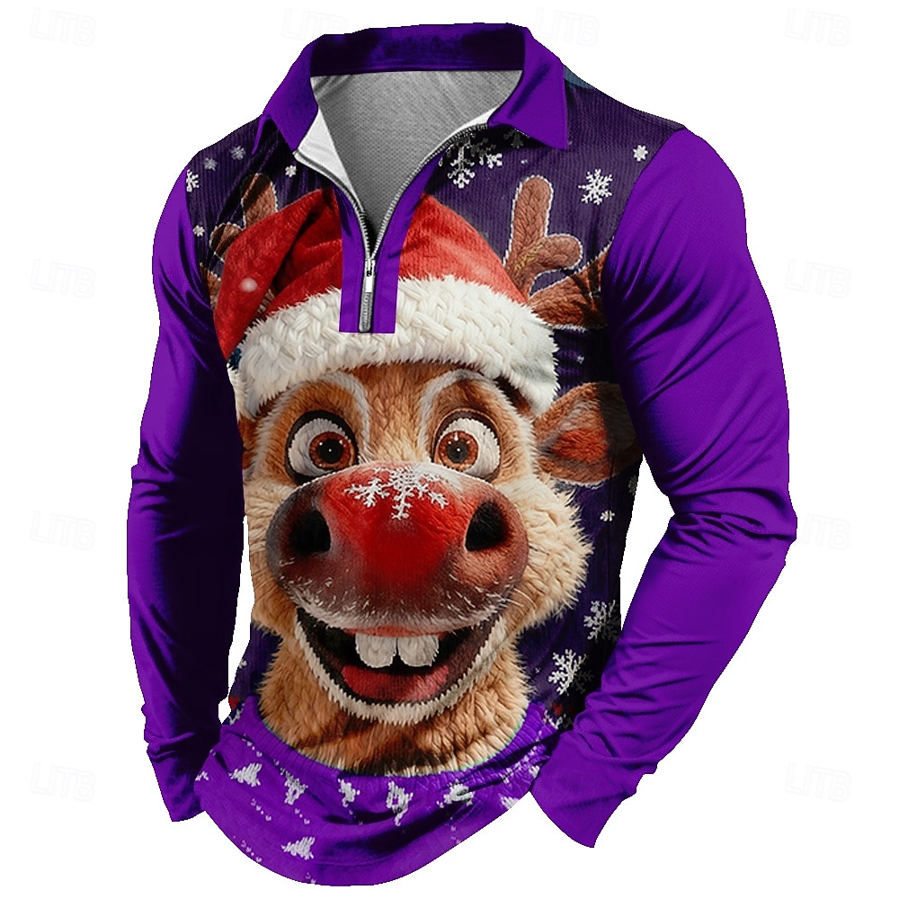 Christmas Miesten Hirvi 3D sarjakuva Polo Pitkähihainen Poolopaidat Kauluskäänne Vapaa-aika Arki-asut Festivaalin asu 3D-tulostus Quarter Zip Polo Kevät Syksy Talvi Sininen Musta Rubiini 2026 - $23.99 –P3