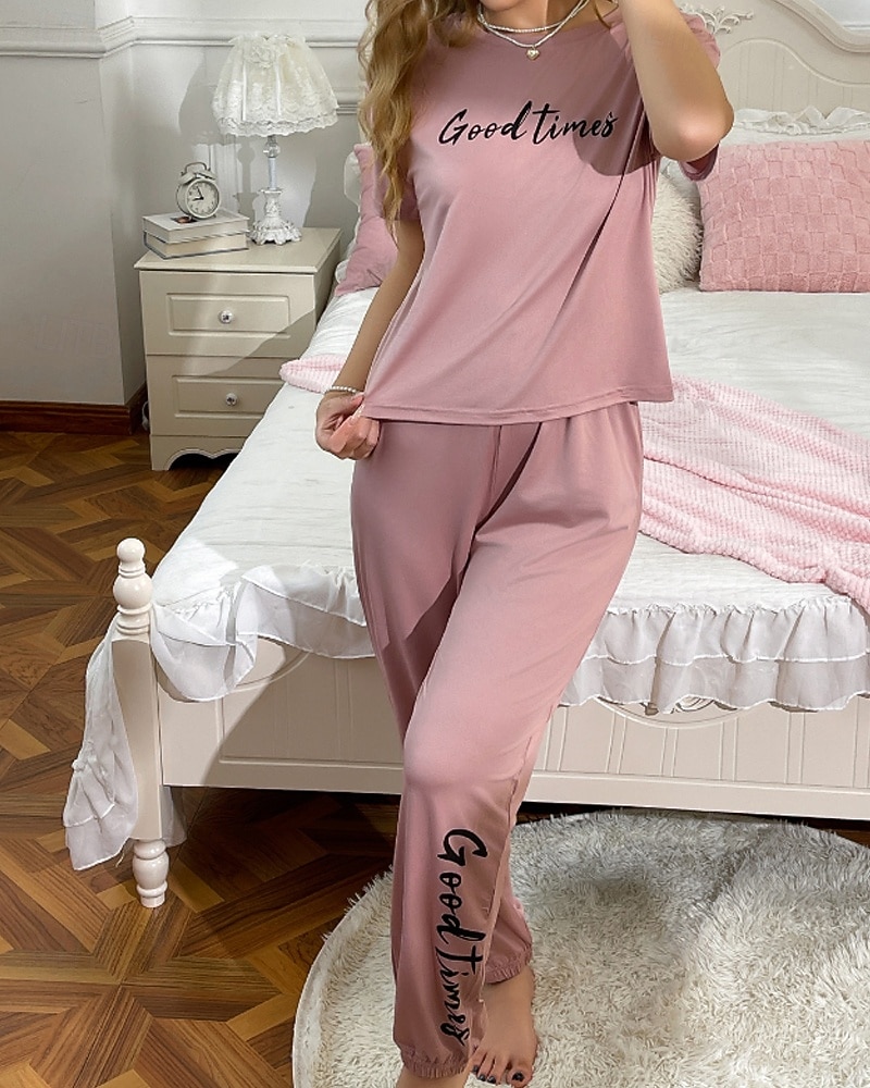Dame Pyjamas lounge Flanell Varm Mote Grafisk Elastisk midje Bukse Hjem Daglig Seng Kortermet Crew-hals Rosa Sommer Høst Vinter Løstsittende 2025 - $23.99 –P5