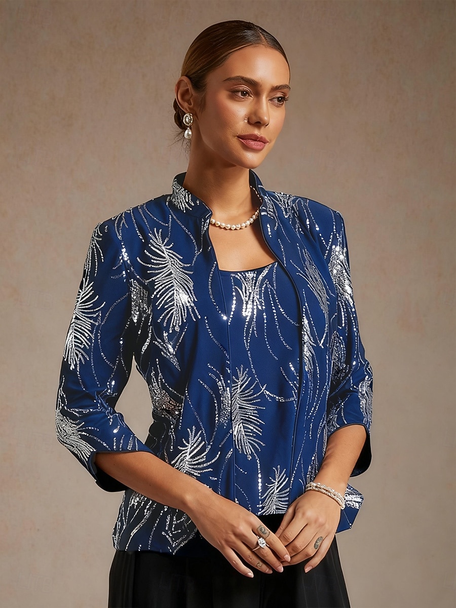 Mujer Blusa Tops elegantes Tops de noche Lentejuelas Pluma Elegante Manga 3/4 Collar mandarín Tops regulares Fiesta de Noche Ropa formal Traje de cóctel Azul Real Primavera Otoño Invierno 2026 - $109.99 –P4