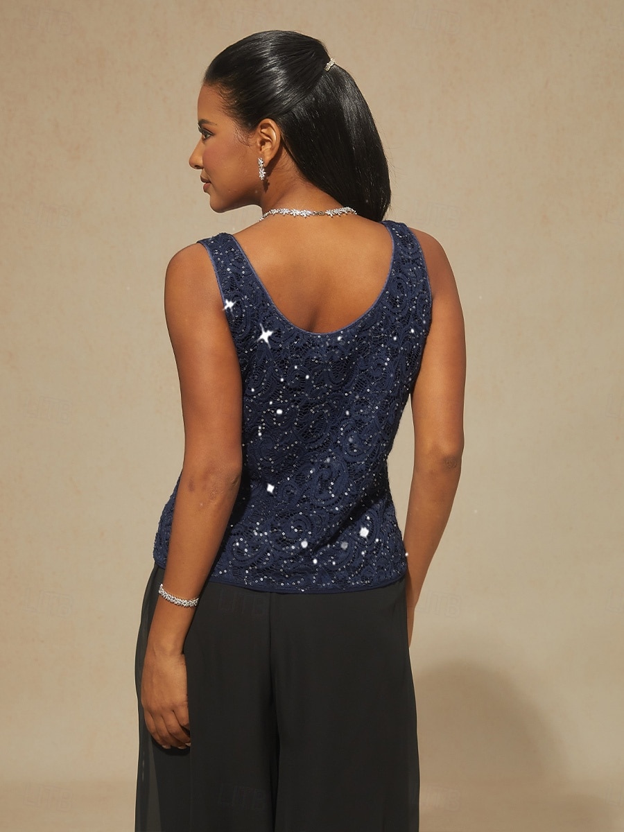 2026年 女性用 ブラウス ドレッシーなトップス ツインセット スパンコール レース ペーズリー エレガント パーティー 七分袖 スタンドカラー セミフォーマル フォーマルウェア カクテルの服装 ネイビーブルー 春 秋 冬  コレクション – $119.99 –P5