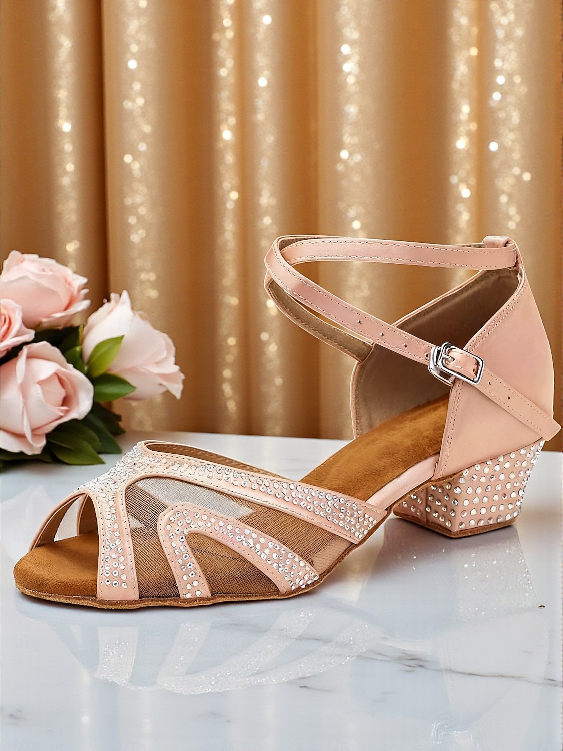 Scarpe da ballo da sala da donna con strass - tacchi latini aperti in rete con tacco basso a blocco, stile festa scintillante per salsa, tango &eventi di danza formale del 2026 a $64.99 –P2