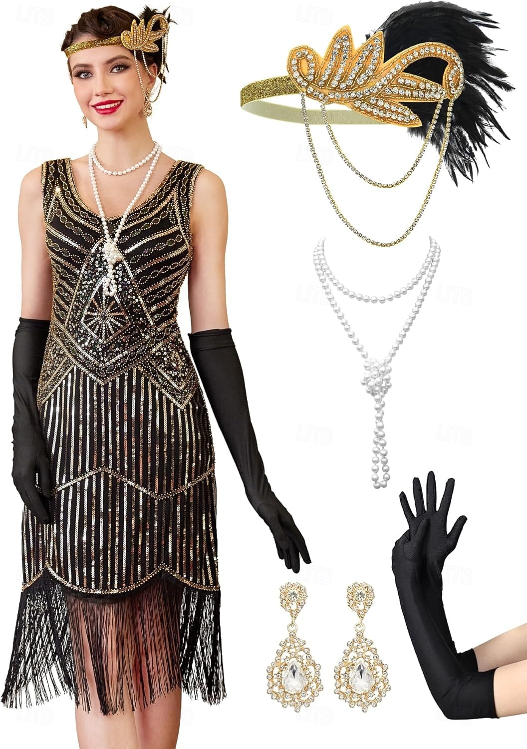 Conjunto Loucos anos 20 Anos 20 Até os Joelhos Vestidos Vestido melindroso Roupa com acessórios Sem Mangas O Grande Gatsby charleston Paetês Franjas Pena Decote V Fantasia Mulheres Carnaval Ano Novo de 2026 por $69.99 –P3