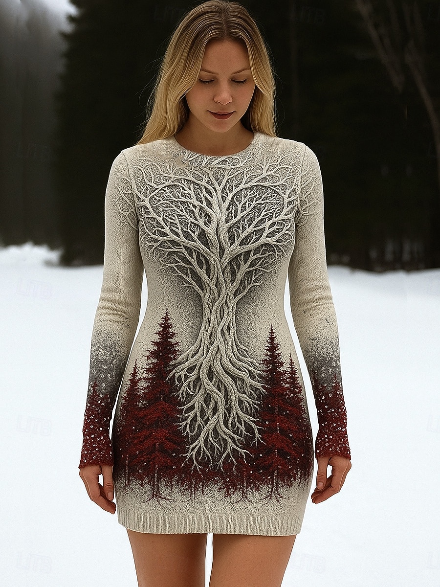 Damen Minikleid Pulloverkleid Urlaub Lässig Boho Täglich Ferien Ausgehen Schlank Grafik Stammes Langarm Rundhalsausschnitt Hoher Ausschnitt Schwarz Rote Dunkelgrün Beige Herbst Winter 2026 - $41.99 –P4