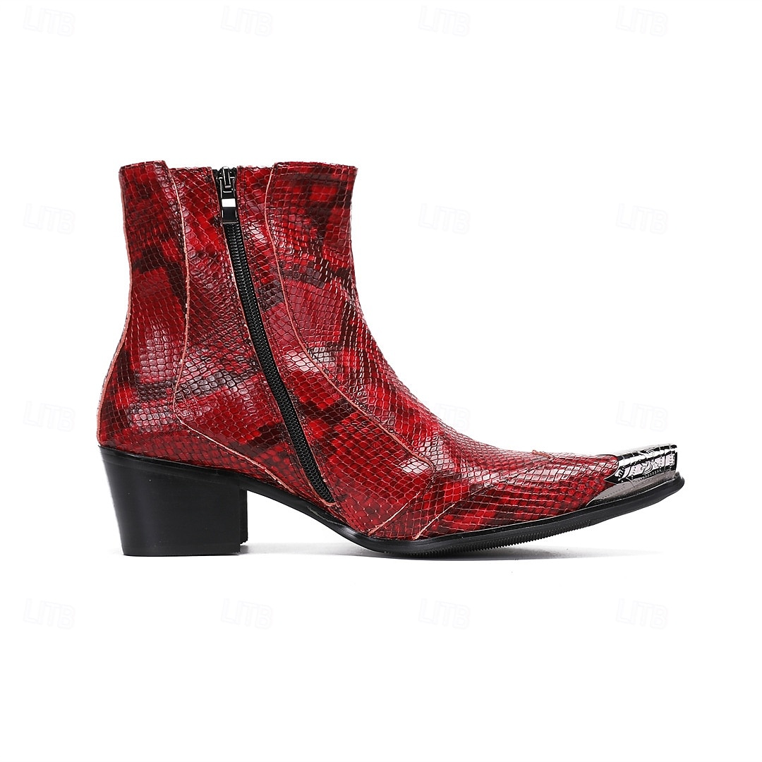 Rote Herren-Ankle-Boots aus Leder mit Schlangenmuster – bequemer Blockabsatz mit Nietenbesatz, ideal für Weihnachtsfeiern und Partys 2026 - $149.99 –P4