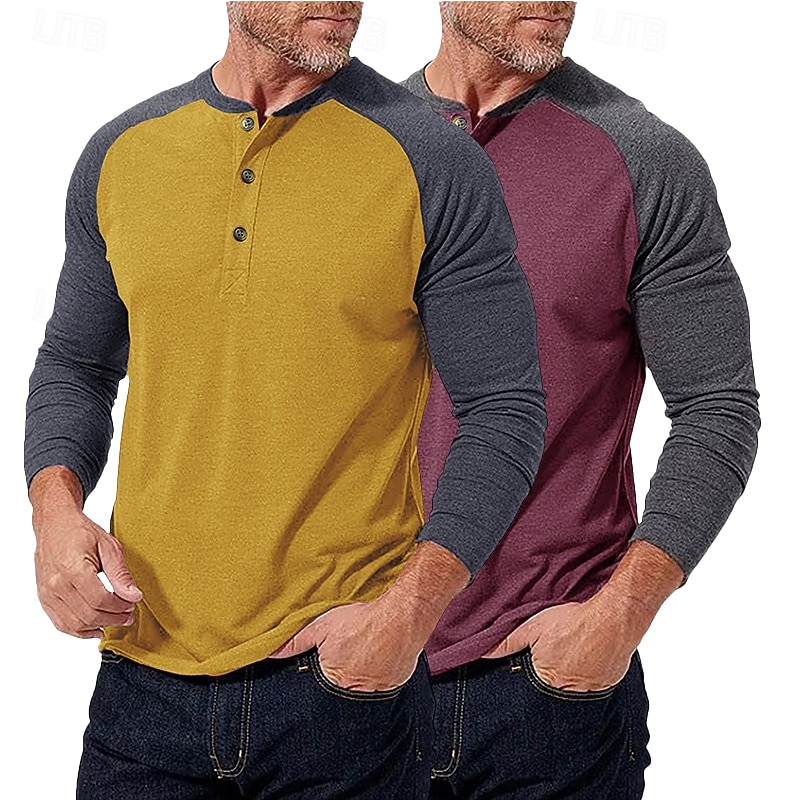 2-teiliges Henley-Shirt für Herren, Baseball-T-Shirt, Kurzarm, Farbblock-Design, Basic, Boho-Stil, Raglanärmel, für Outdoor, Freizeit, Alltag, Sommer, Herbst, alle Jahreszeiten, schwarzes 2026 - $40.99 –P12