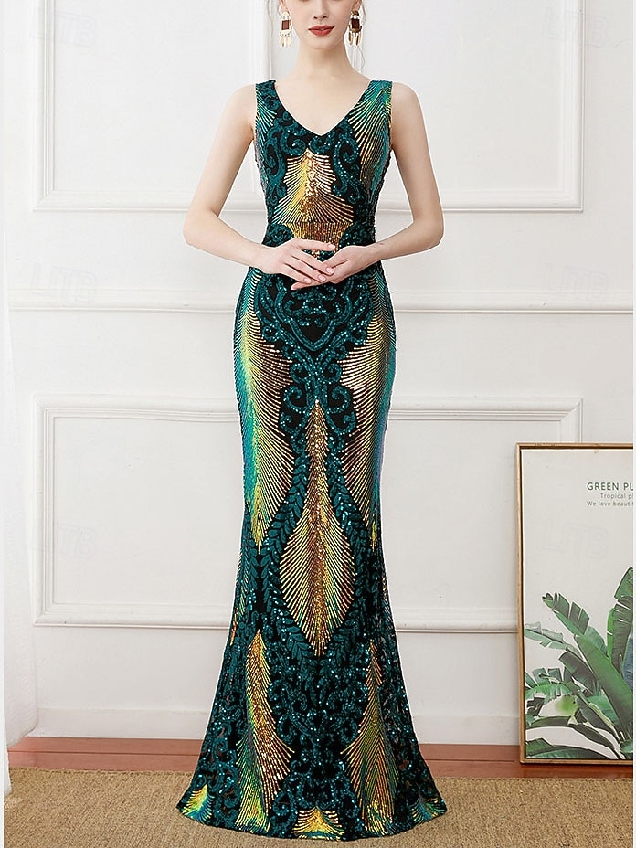 Roaring 20s 1920s Floor Length Dress Evening Dress Party Costume Sleeveless The Great Gatsby Sequin V Neck Fancy Dress Women's Christmas New Year Evening Party Party Wedding Adults Dress 2026 - $78.99 –P2