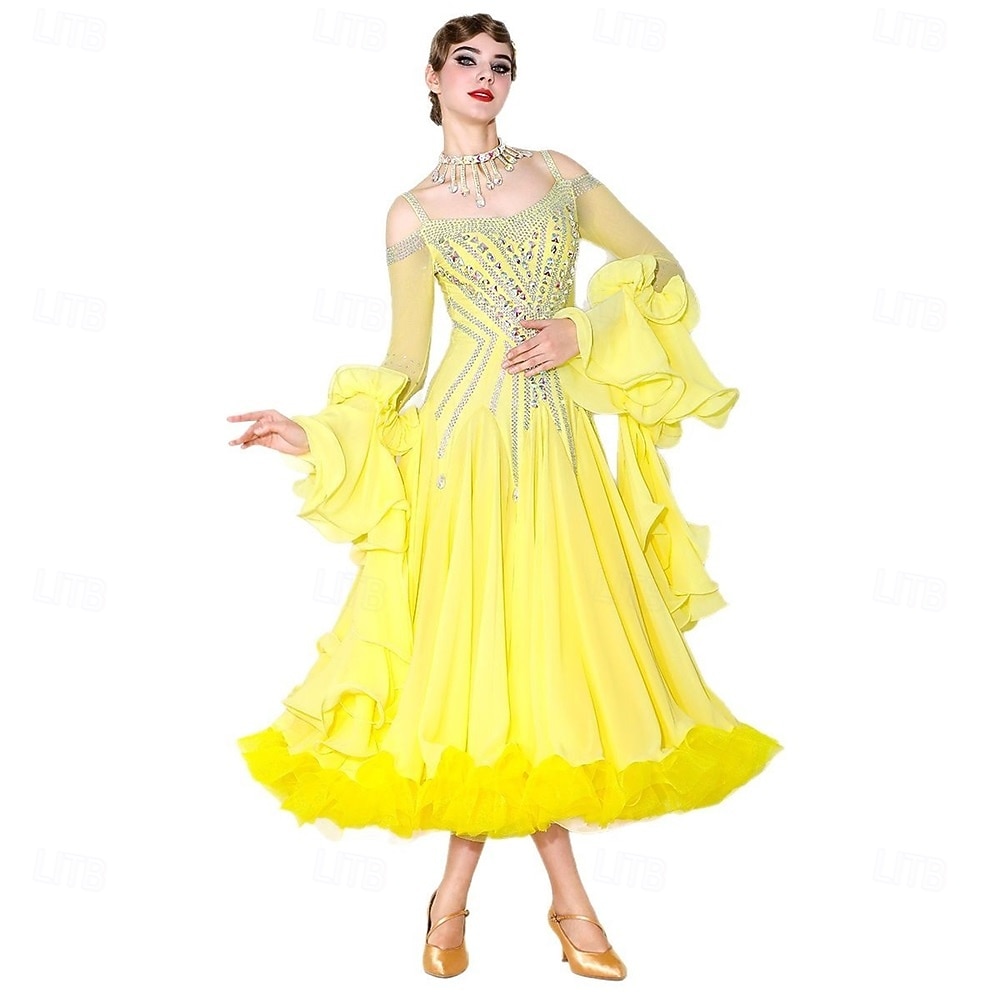 Abito da ballo da sala da donna elegante giallo con corpetto decorato con strass, spalle scoperte, abito da competizione per valzer, tango, rumba moderna del 2026 a $689.99 –P2
