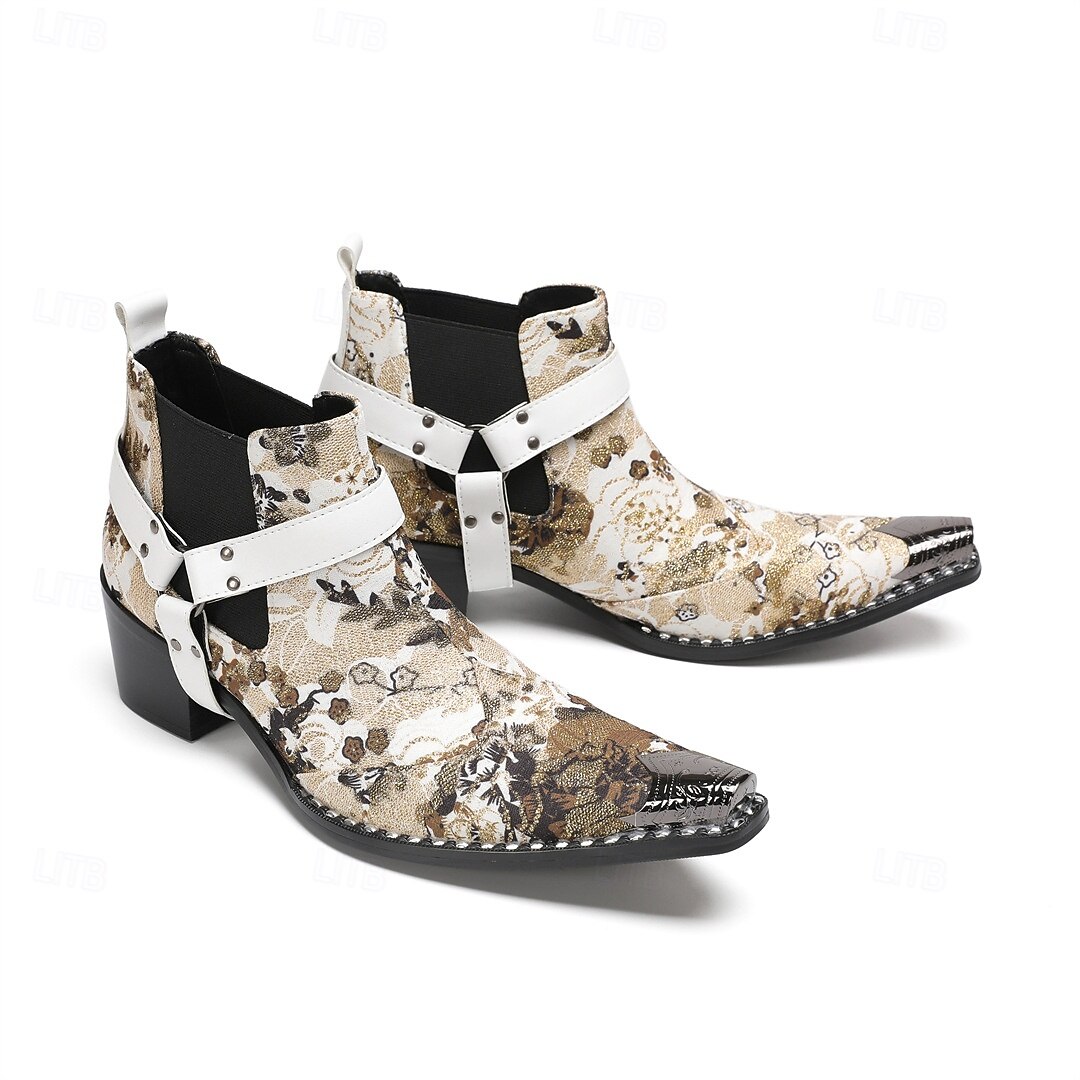 Miesten kukkakuvioiset valkoiset nahkaiset nilkkurit - muodikas solkiyksityiskohta rohkealla kukkakuviolla, täydellinen katutyyliin ja rennoille tilaisuuksille 2025 - $139.99 –P6