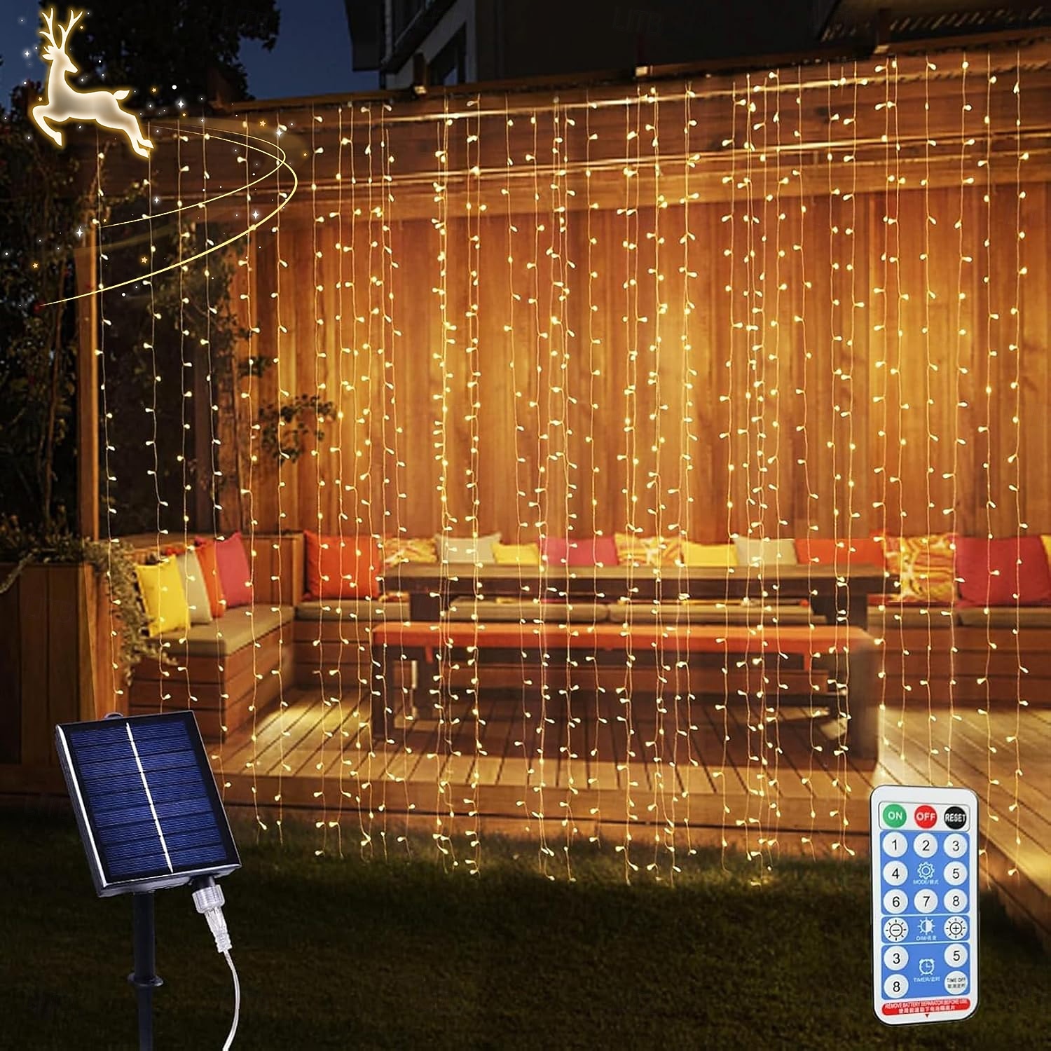أضواء ستارة 10 * 10 قدم 300 LED 8 أوضاع جهاز تحكم عن بعد شمسية أضواء خيط معلقة داخلية وخارجية مقاومة للماء لزينة الأعراس والمهرجانات 2026 - $28.99 –P1