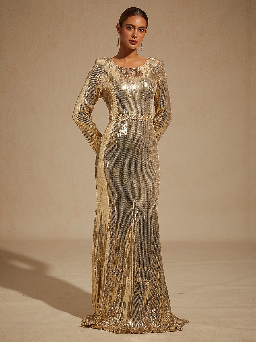Women's Maxi Dress Floor Length Dress Trumpet Mermaid Dress Elegant Party Evening Party Cocktail Party Sequins Beaded Regular Fit Solid Color Long Sleeve Crew Neck Gold Spring Fall Winter 2026 - $625.69 –P5
