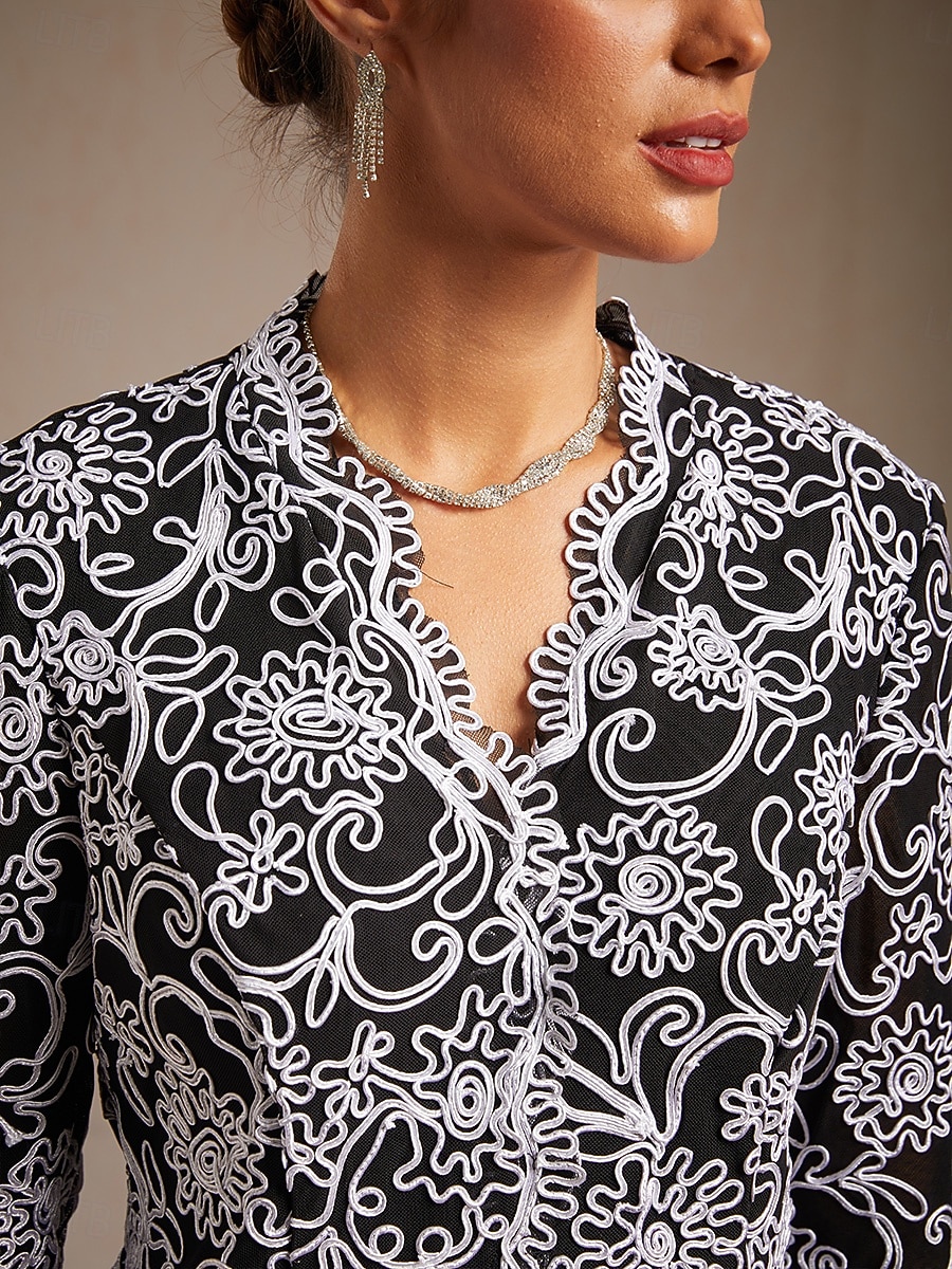 Damskie Eleganckie topy Haft Kwiaty W Tureckie Wzory Elegancja Rękaw 3/4 W serek Zwykłe topy Praca Wieczorna impreza Pół formalne Czarny Wiosna Jesień Zima 2026 - $129.99 –P3