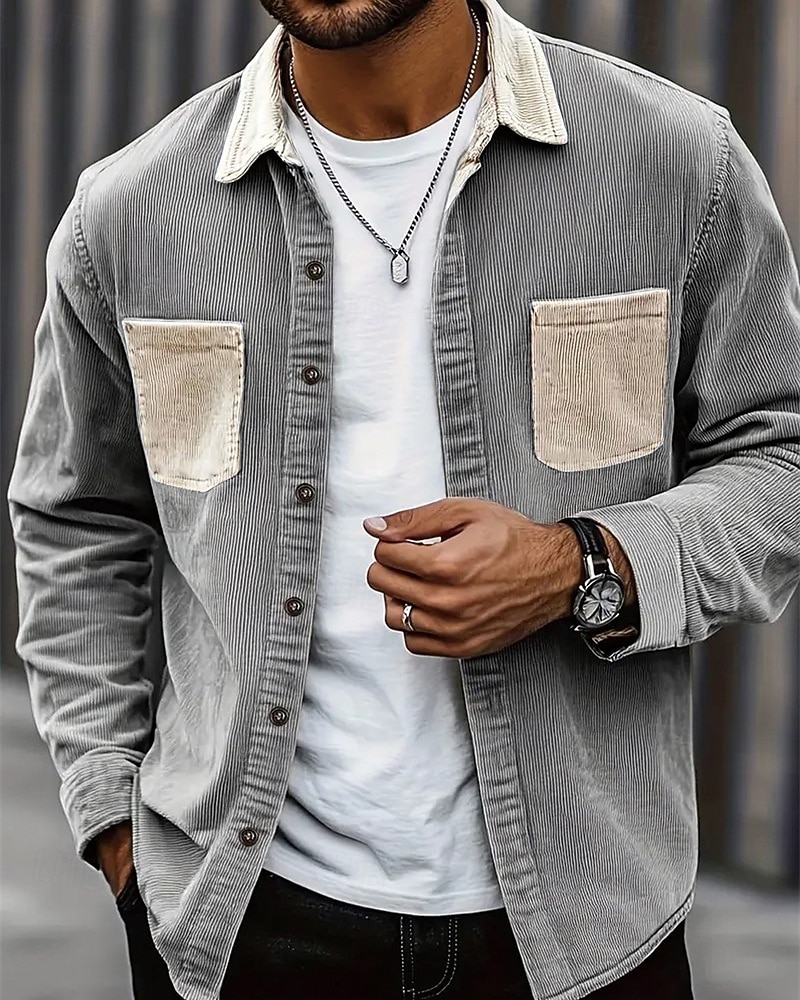Per uomo Camicia Camicia casual Camicia di Velluto a Coste Camicia con Bottoni Blu Nero Verde militare Grigio Manica Lunga Blocco di colori Collo ripiegato Vacanza Casuale Tasche Multiple del 2026 a $25.99 –P1