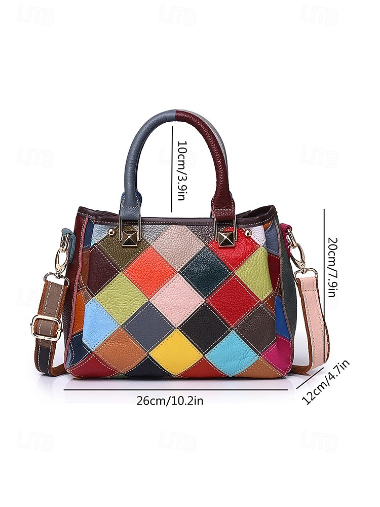 Women's Leather Handbag, Multi-Color Patchwork Design, Genuine Leather Material, Versatile Wear with Top Handles & Adjustable Shoulder Strap, Stylish and Functional for Daily Use & Special Occasions 2026 - $59.99 –P9