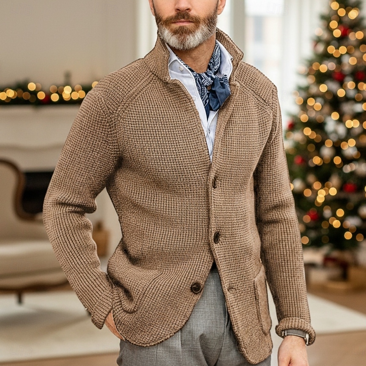 Herr Tröja Klänning tröja Cardigan Tröja Våffelstruktur Sticka Vanliga toppar Stickat Button-Down Hög krage Klassisk Ledigt Kläder Raglanärm Höst vinter Vår Blå Röd Brun XS S M 2026 - $39.99 –P8