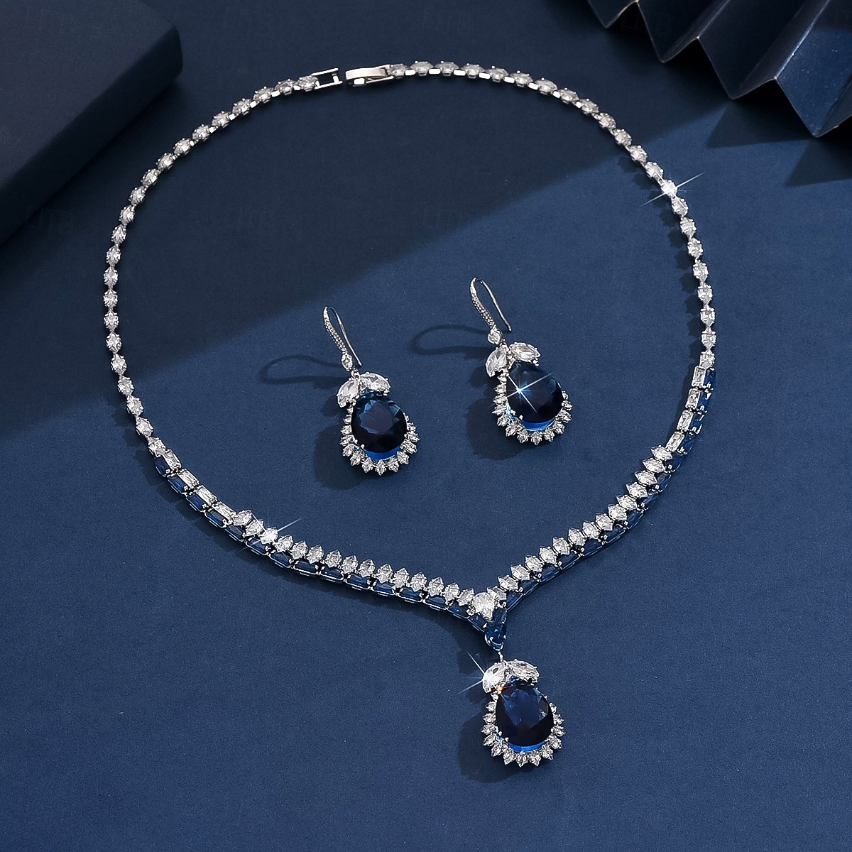 Женский комплект украшений из синего кристалла — элегантное каплевидное ожерелье со стразами и серьги-подвески для вечеринок, вечеров и официальных мероприятий 2026 - $24.99 –P3