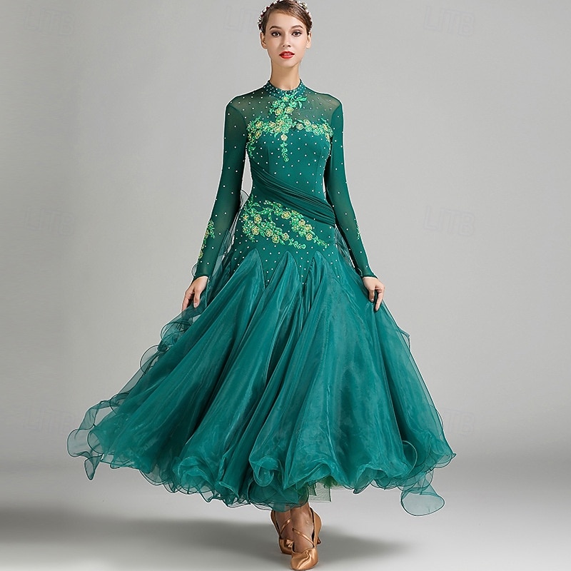Женское элегантное платье для бальных танцев бирюзового цвета, украшенное стразами, с высоким воротником, для вальса, танго, румбы, современного танца, для выступлений на соревнованиях 2026 - $190.99 –P4