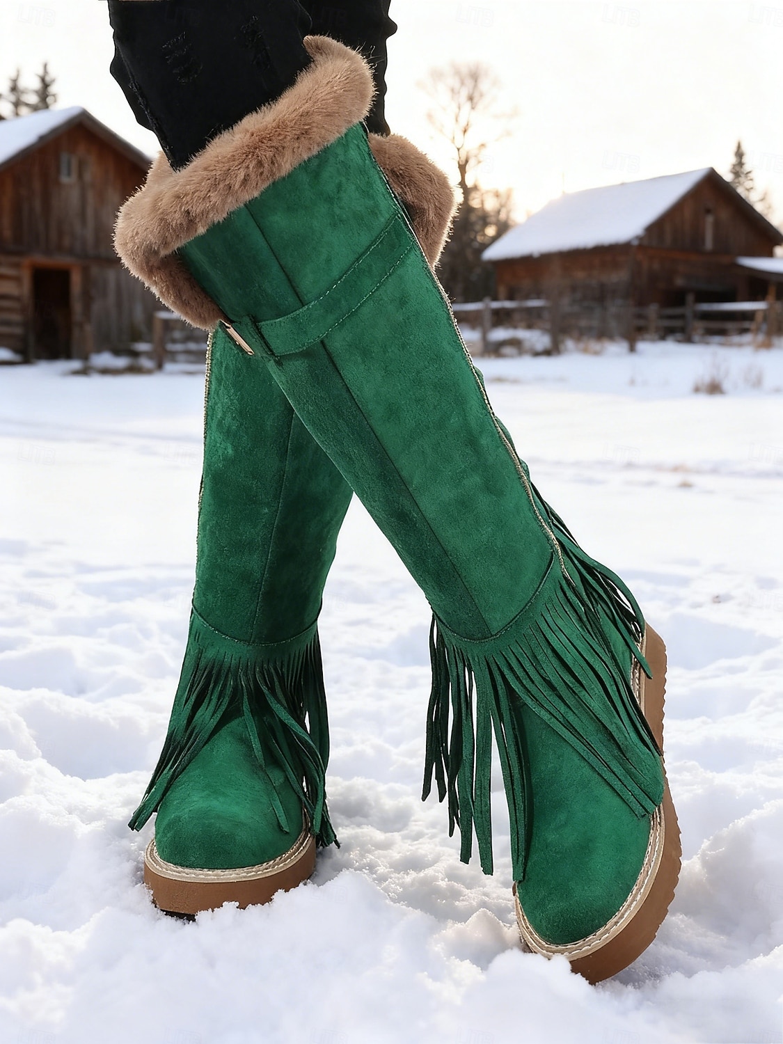 Women's Green Fringe Faux Suede Snow Boots with Fur Lining – Stylish Knee-High Winter Boots Footwear for Cold Weather, Snow and Outdoor Adventures 2026 - $69.99 –P5