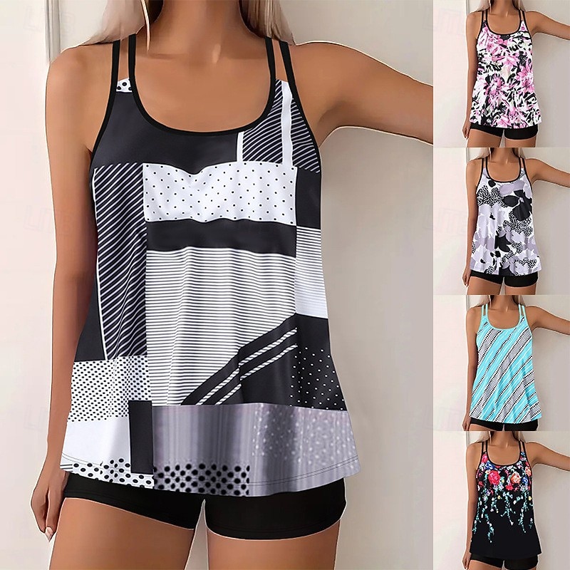 Dam Badkläder 2 st Shorts Baddräkt Öppen rygg Semester Standkläder Blommig U-hals Ärmlös Baddräkter 2026 - $28.99 –P1