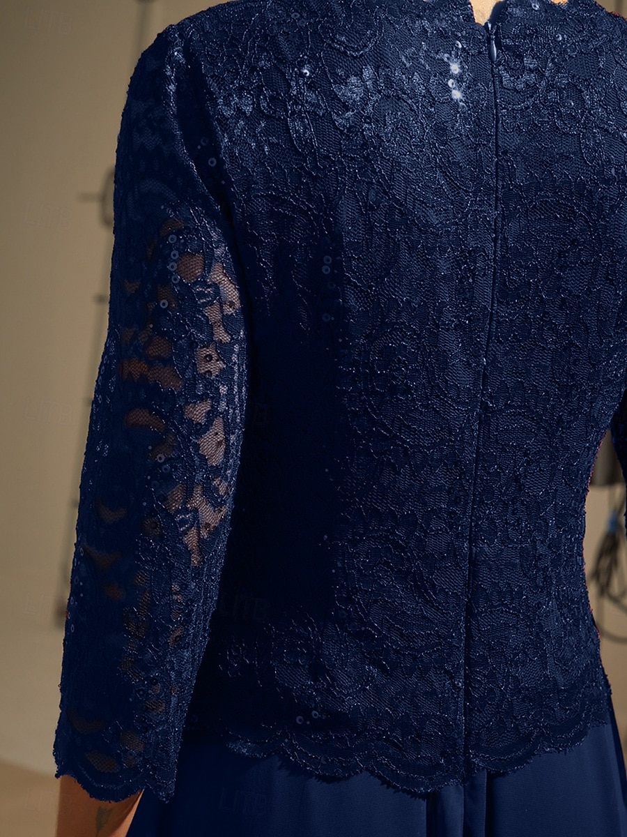 Naisten maksimekko sifonkimekko pitsipaljeteilla kirjailtu tyylikäs iltajuhla yksivärinen 3/4-hihainen pyöreä kaula-aukko tummansininen kevät syksy talvi 2025 - $132.99 –P2