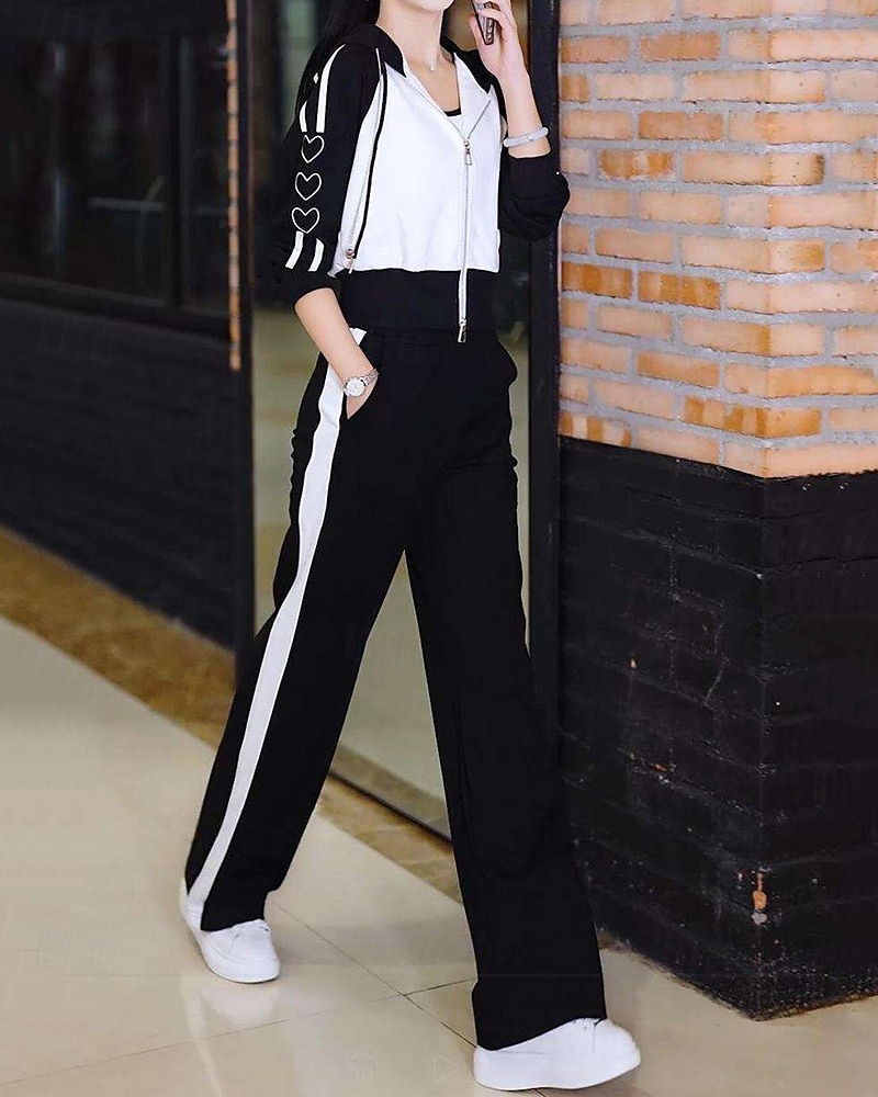 نسائي سويت شيرت بسحاب بنطلون واسع الساق بدلة رياضية من قطعتين رباط ألوان متناوبة أطقم ملابس رياضية الخريف أسود أبيض المشي لمسافات طويلة مهنة ركض كم طويل رياضة ألبسة رياضية مرن نسبياً عادي 2026 - $39.99 –P17