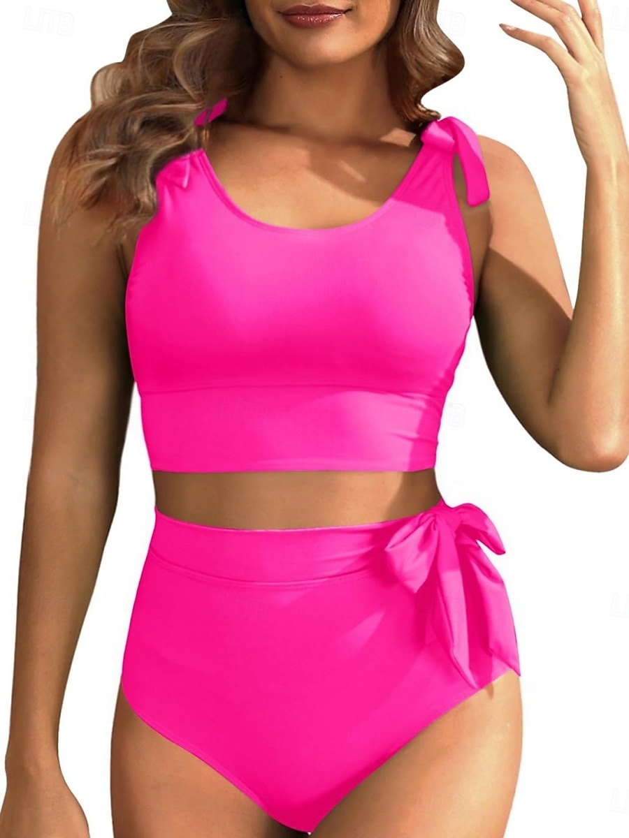Bikini de mujer de 2 piezas bragas delgadas espalda descubierta ropa de playa de vacaciones trajes de baño en color sólido de cuello U sin mangas 2026 - $25.99 –P1