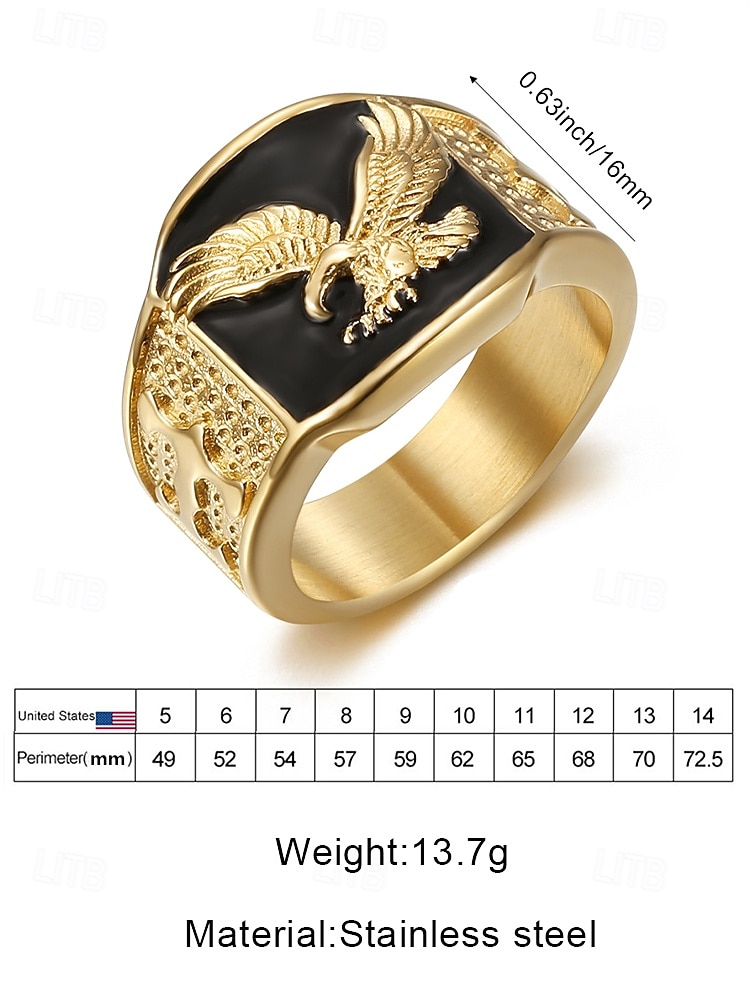 herenring van roestvrij staal met adelaarsmotief, zwart geëmailleerd ontwerp met gouden en zilveren afwerking, modieuze statementring, perfect voor casual of formele gelegenheden 2026 - $11.99 –P8