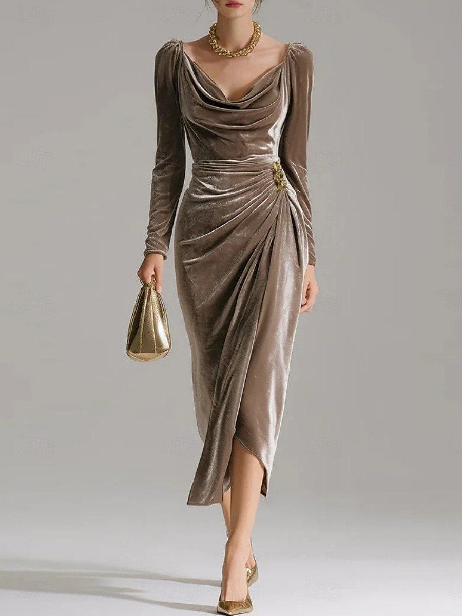 Weihnachten Damen Midikleid Etui-Kleid Elegant Party Cocktail Outdoor Party Hochzeitsgast Patchwork Schlank Einfarbig Langarm Wasserfallausschnitt Fuchsie Braun Grün 2026 - $51.99 –P3