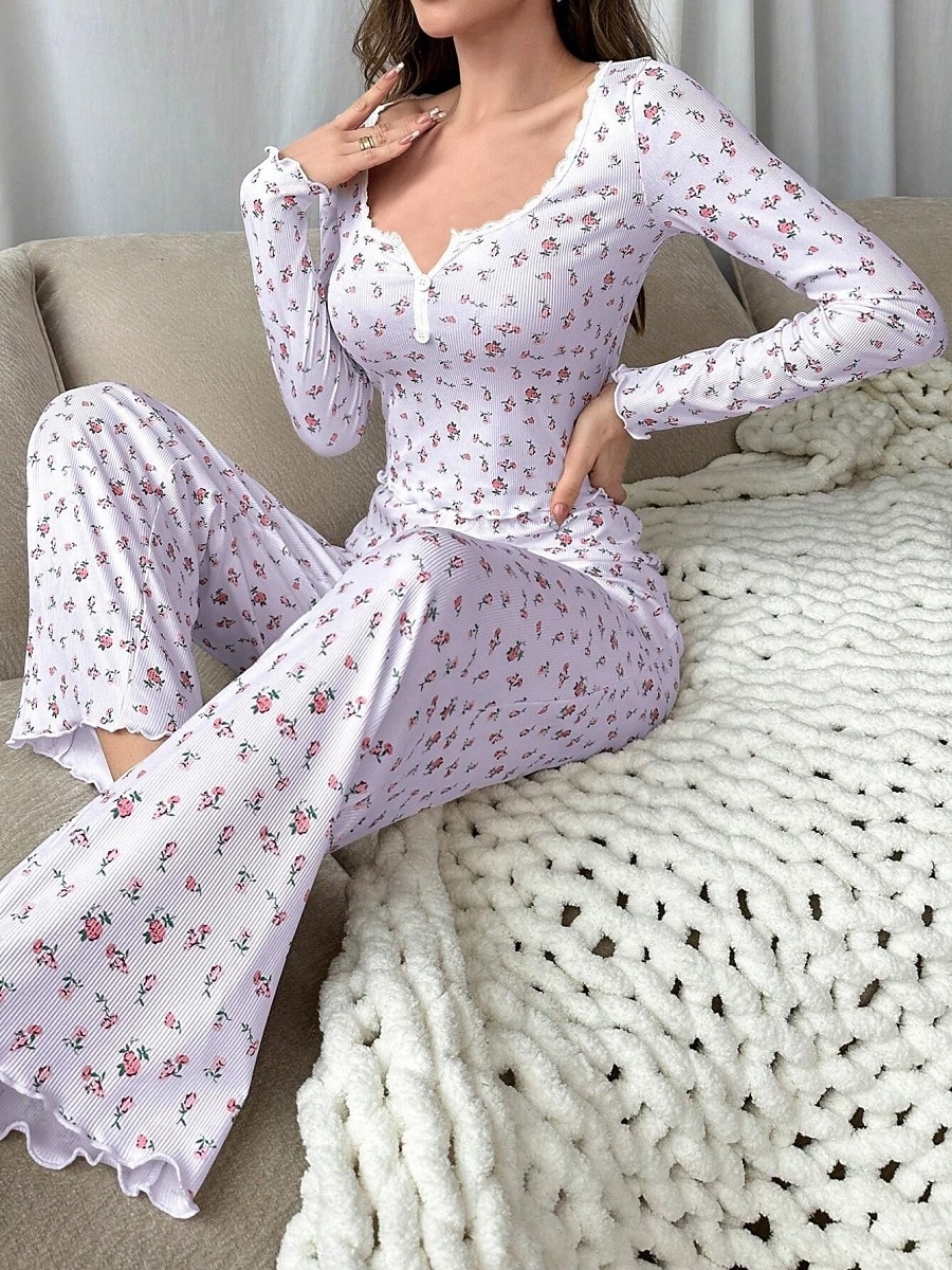 Dame Pyjamas Sett Fritid Komfort Blomstret Elastisk midje Bukse Hjem Daglig Langermet U-hals Hvit Gul Rosa Lilla Vår Høst Normal 2026 - $21.99 –P16
