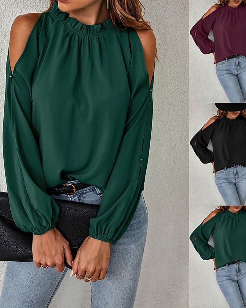 Жен. Блуза Рюши Оборки Полотняное плетение Элегантный стиль Винтаж Стиль Длинный рукав Вырез под горло Обычные топы Повседневные Праздники На выход Черный Винный Зеленый Осень Зима 2026 - $21.99 –P1