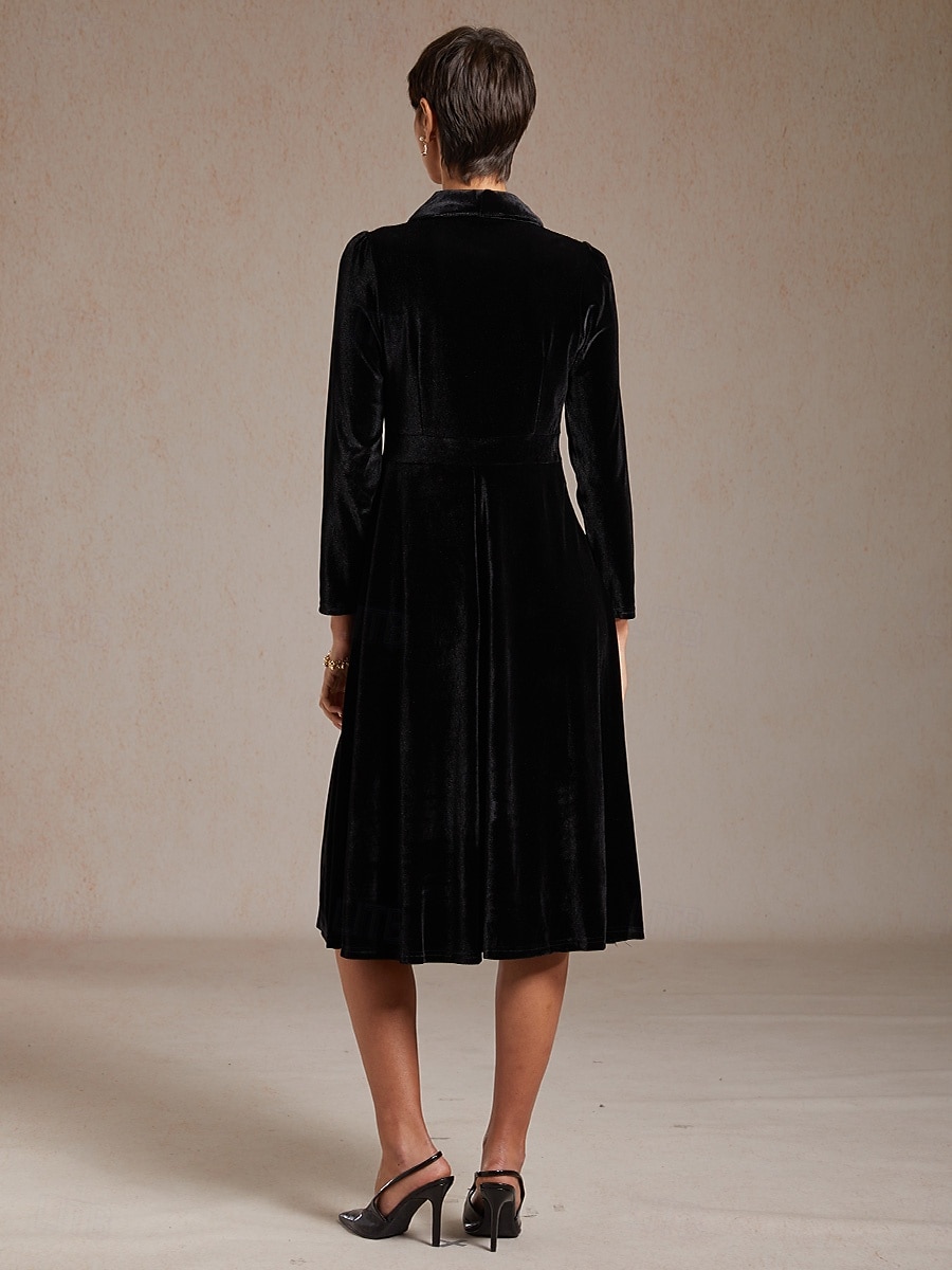 Femmes Robe Midi Robe trapèze Élégant Soirée Coupe régulière Couleur Unie manche longue Col en V Noir Printemps Automne Hiver de 2025 ? $129.99 –P2