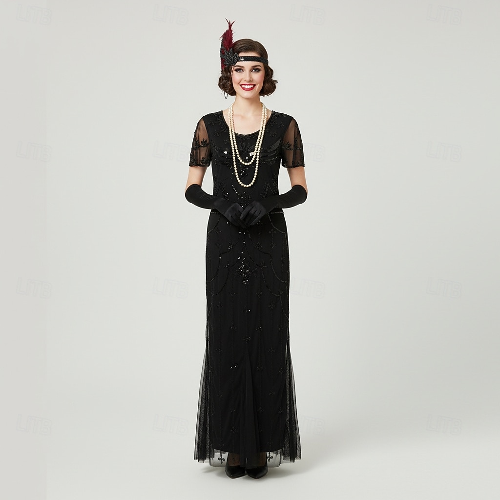Set Anni Ruggenti Anni 1920 Lunghezza alla caviglia Vestito Abito da sera Abiti con accessori Maniche corte Il grande Gatsby Charleston Invitato al matrimonio Piuma Scollo a V Costume Per donna del 2026 a $85.99 –P3