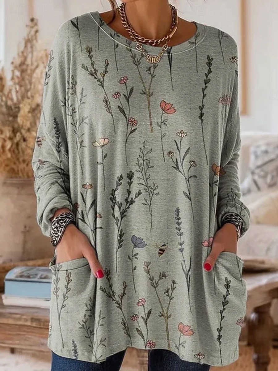 Damen T Shirt Tasche Druck Blumen Grafik Vintage Mode Stilvoll Langarm Rundhalsausschnitt Normale Oberteile Täglich Ausgehen Wochenende Rosa Orange Grün Beige Frühling Herbst Winter 2026 - $31.99 –P2