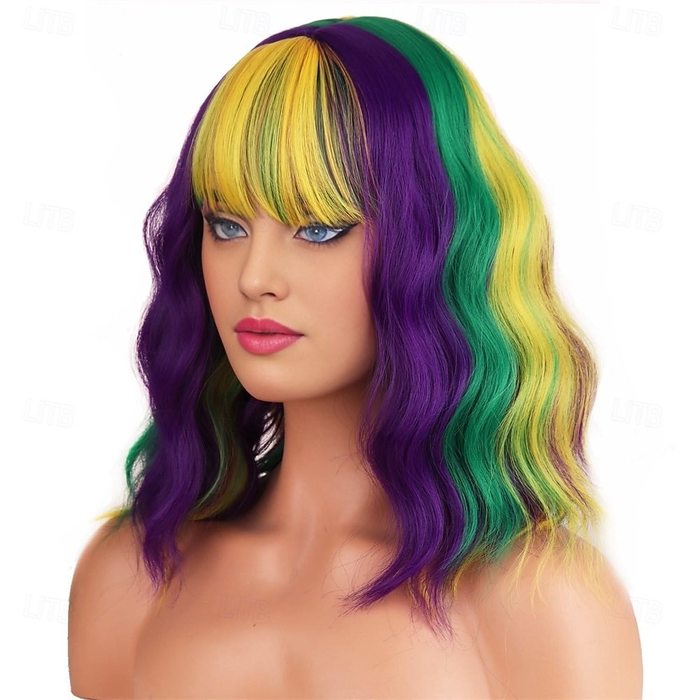 Peruca de Carnaval Roxo Verde Amarelo Ondulado Curto Peruca sintética para festivais Mardi Gras Parada Cabelo para fantasia de cosplay para Feminino de 2026 por $22.99 –P4