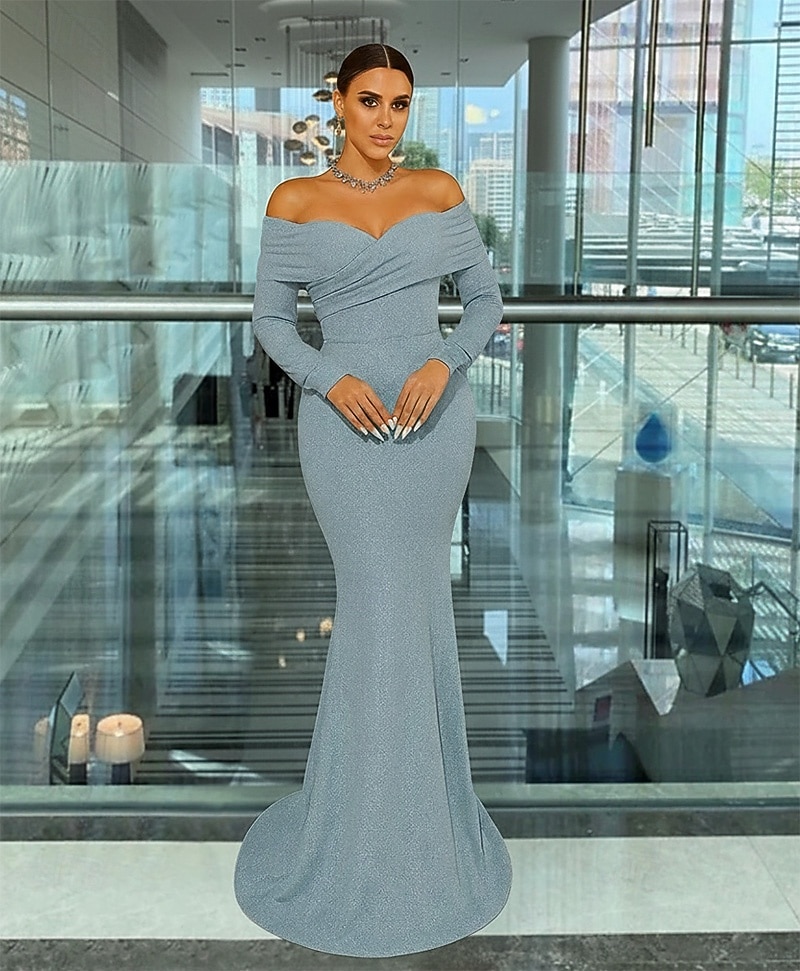 Mermaid / Trumpet Stretch Lurex Fabric Evening Gown Elegant Formal Dress  Formal Wedding Sweep / Brush Train Long Sleeve Off Shoulder with Glitter  Pleats 2026 - CAD $256.99