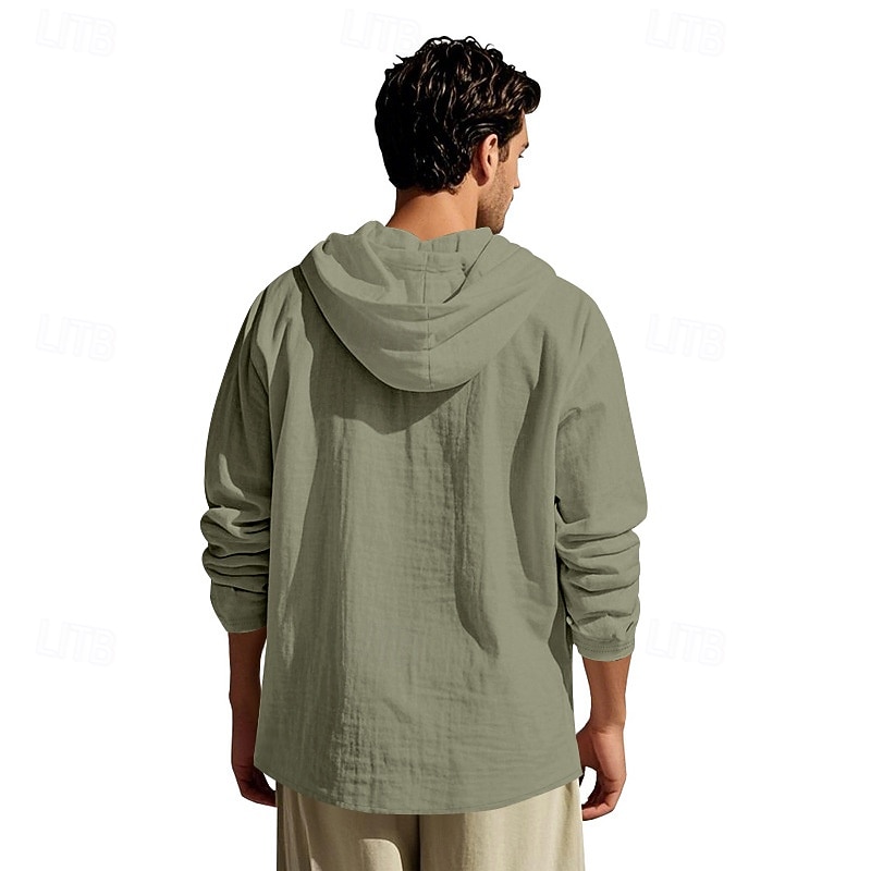 Men's Shirt Popover Shirt Summer Shirt Casual Shirt Beach Shirt Black White Yellow Navy Blue khaki Long Sleeve Solid Color Hooded Vacation Casual Drawstring Clothing Apparel Fashion Casual Comfortable 2026 - $28.99 –P14