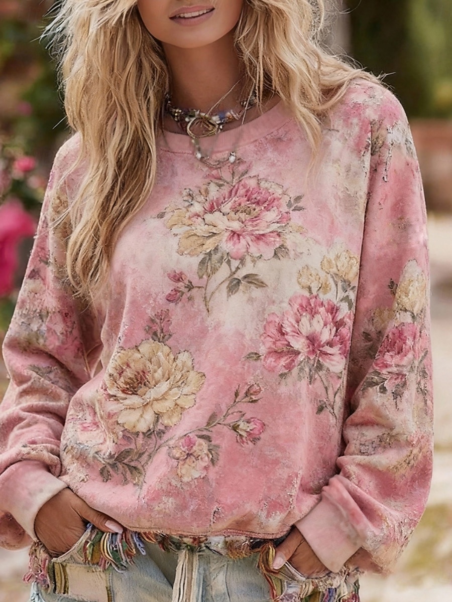 Damen Pullover Sweatshirt Blumen Lässig Langarm Rundhalsausschnitt Normale Oberteile Lässig Straße Alltagskleidung Rosa Frühling Herbst Winter 2026 - $26.99 –P2